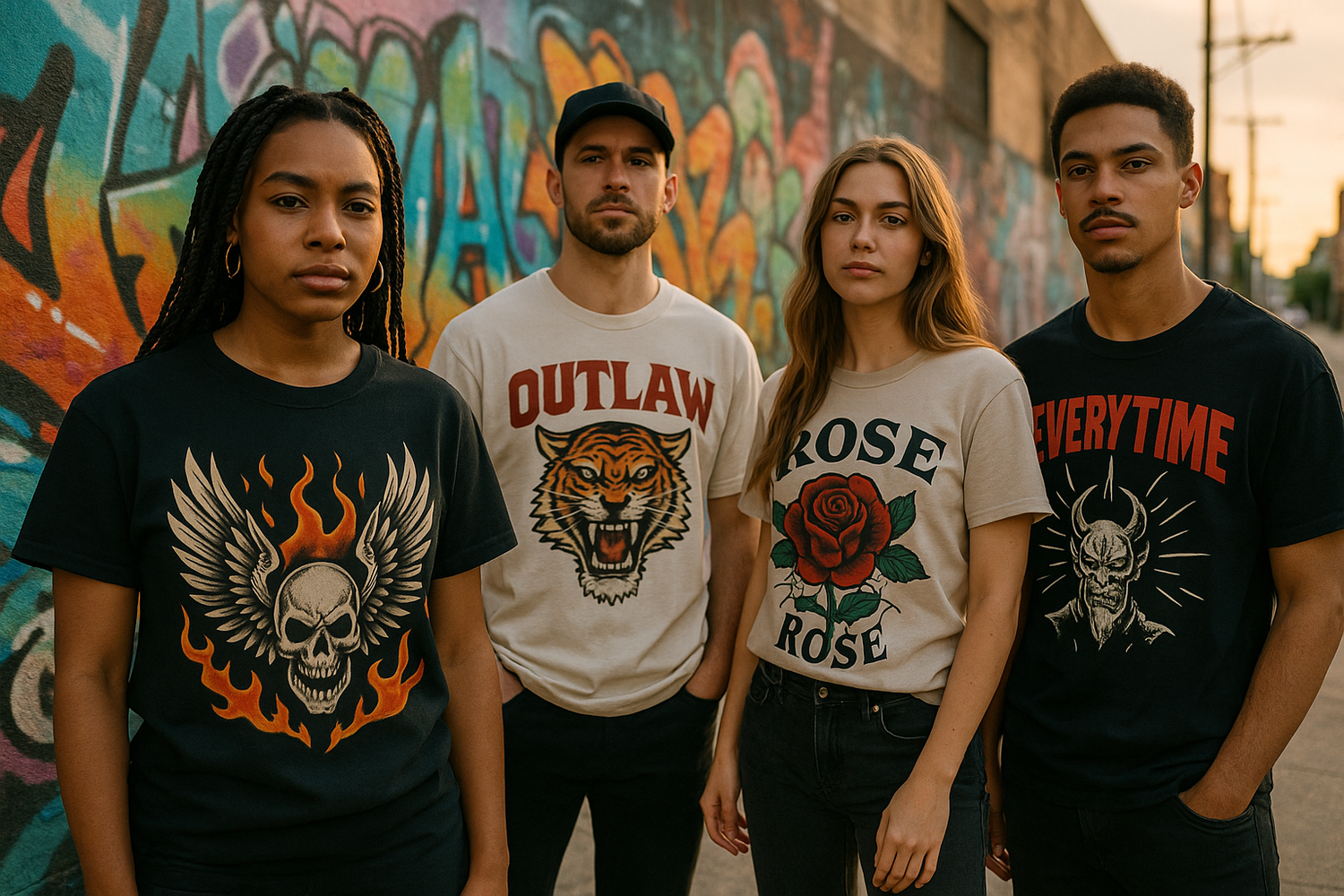 Urban streetwear fashion image showing diverse young adults wearing graphic t-shirts against a city backdrop